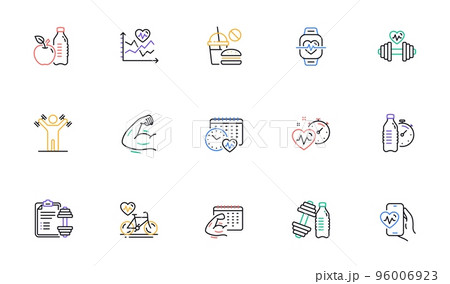 Fitness time line icons. Strong Muscle Arm, Bike Workout, Gym fit dumbbell. Training analysis, Workout plan and Cardio exercise line icons. Dumbbell sport equipment, Healthy food, Muscle. Vector 96006923