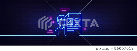 Neon light glow effect. Business recruitment line icon. CV documents or Portfolio sign. 3d line neon glow icon. Brick wall banner. Job interview outline. Vector 96007015
