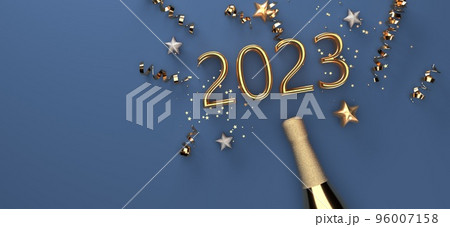 New Year 2023 celebration theme with a champagne bottle with confetti - 3D New Year 2023 celebration theme with a champagne bottle with confetti - 3D 96007158