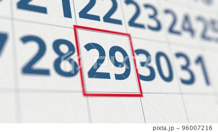 Calendar with marked 29 day of the month close-up. 3D rendering 96007216