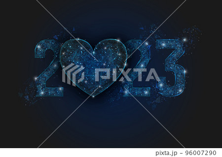 Abstract isolated blue image of new year number 2023. Polygonal low poly wireframe illustration looks like stars in the blask night sky in spase or flying glass shards. Digital web, internet design. Abstract isolated blue image of new year number 2023. Polygonal low poly wireframe illustration looks like stars in the blask night sky in spase or flying glass shards. Digital web, internet design. 96007290