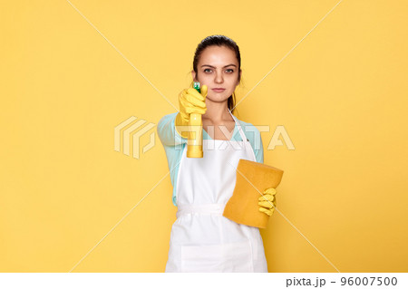 woman in gloves and cleaner apron with sponge and detergent sprayer woman in gloves and cleaner apron with sponge and detergent sprayer 96007500