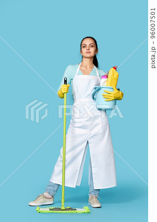 woman in rubber gloves with cleaning supplies and mop 96007501