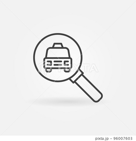 Taxi Search outline icon. Car in Magnifier vector concept sign Taxi Search outline icon. Car in Magnifier vector concept sign 96007603