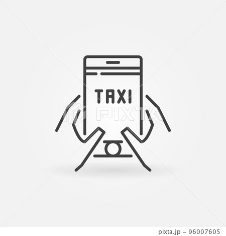 Hands holding Smartphone with Taxi App vector outline icon 96007605