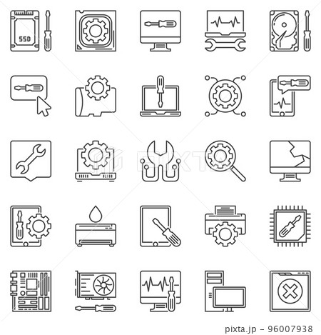 Computer Repair outline icons. Vector Computer Maintenance signs 96007938