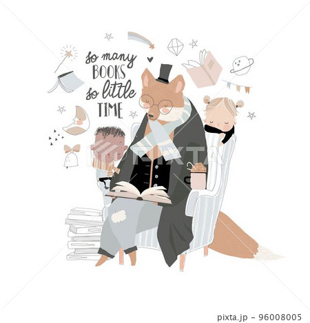 Cute Fox reading Book with Little Boy and Girl 96008005