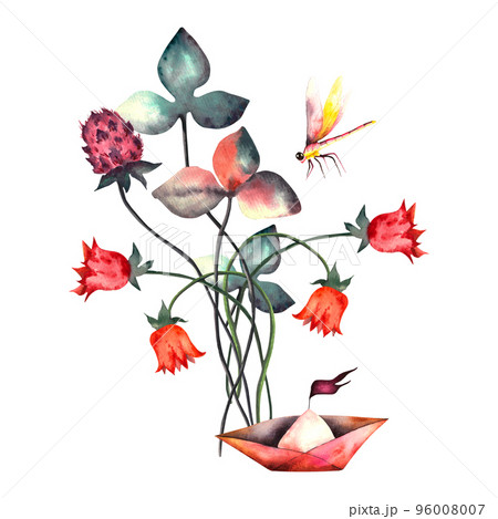Flowers. Watercolor floral set with spring flowers, dragonflies and boats 96008007