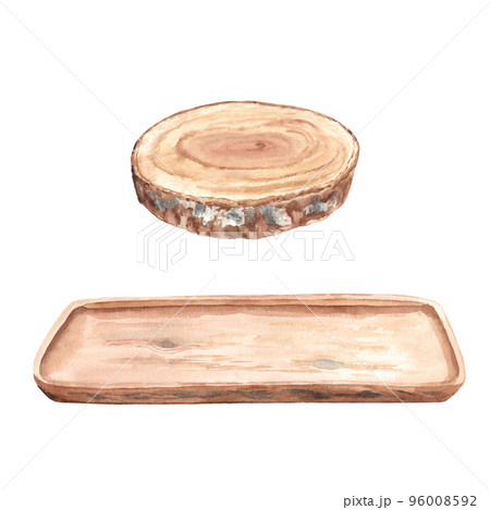 Empty wooden tray, plate and round wooden saw cut from side view isolated on a white background. Eco minimalistic style. Podium, empty showcase for eco products, floral design. Watercolor illustration Empty wooden tray, plate and round wooden saw cut from side view isolated on a white background. Eco minimalistic style. Podium, empty showcase for eco products, floral design. Watercolor illustration 96008592