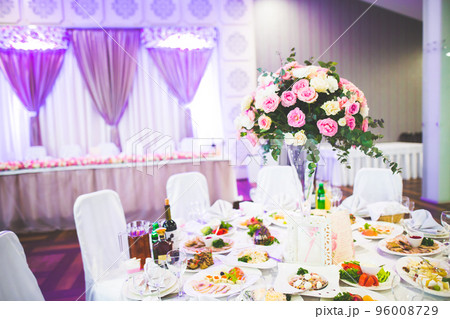 Interior of a restaurant prepared for wedding ceremony 96008729
