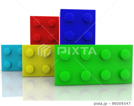 Five toy bricks of different colors on a white background Five toy bricks of different colors on a white background 96009347