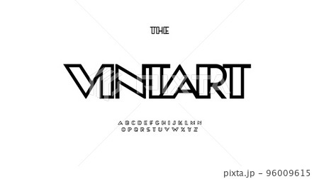 Modern architectural font, tough sturdy geometric typeface. Technical blueprint letters, contrasting lines alphabet, vintage art deco style type. Simply line contour font, vector typographic design 96009615