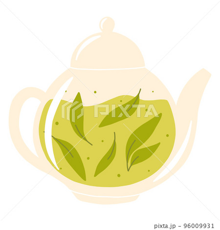 Teapot with green tea. Herbal tea in a glass teapot. Vector illustration. Isolated illustration on a white background. Flat style. 96009931