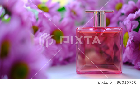 A perfume bottle surrounded by pink chrysanthemum flowers. Eau de toilette, eau de parfum, beauty concept 96010750