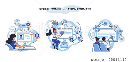 Digital communication formats metaphor, content with online data and social media streaming, mobile app Digital communication formats metaphor, content with online data and social media streaming, mobile app 96011112