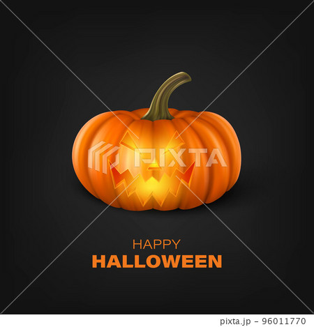 Vector Halloween Pumpkin on Black Background. Cute Jack-o-lanterns, Carved Pumpkin Face for Invitations, Cards, Wrapping, Banners Design. 3d Realistic Pumpkin Vector Halloween Pumpkin on Black Background. Cute Jack-o-lanterns, Carved Pumpkin Face for Invitations, Cards, Wrapping, Banners Design. 3d Realistic Pumpkin 96011770