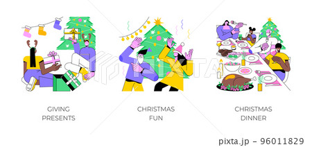 Christmas time isolated cartoon vector illustrations set. Couple giving presents to each other, having fun on Christmas party, diverse friends celebrate at the table together vector cartoon. 96011829