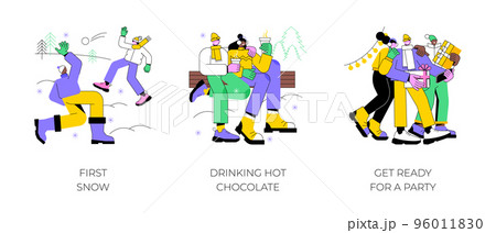 Winter holidays isolated cartoon vector illustrations set. First snow, smiling friends play snowballs together, drinking hot chocolate, get ready for new year party, celebration vector cartoon. 96011830
