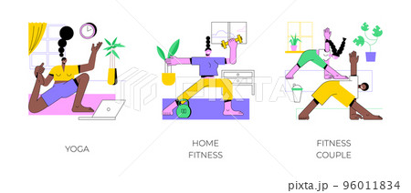 Home workout isolated cartoon vector illustrations set. Sporty woman practice yoga, online training plan, watch exercise using laptop, fitness couple doing home workout, lifestyle vector cartoon. 96011834
