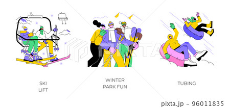 Winter park isolated cartoon vector illustrations set. Smiling people at the ski lift, diverse friends take selfie outdoors, winter holidays, extreme sport, riding tubing, having fun vector cartoon. Winter park isolated cartoon vector illustrations set. Smiling people at the ski lift, diverse friends take selfie outdoors, winter holidays, extreme sport, riding tubing, having fun vector cartoon. 96011835