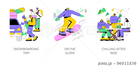 Winter sports isolated cartoon vector illustrations set. Group of diverse friends prepare vacation, snowboarding trip, riding down the slope, outdoor winter activitiy, adventure park vector cartoon. 96011836