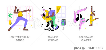 Dancing classes isolated cartoon vector illustrations set. Contemporary dance, training at home alone, pole dance classes, physical activity, professional performance vector cartoon. 96011837