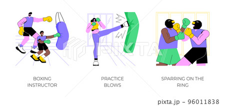 Boxing isolated cartoon vector illustrations set. Boxing instructor, practice blows, sparring on the ring, hit punching bag, kickboxing gym, sparring in gloves and helmets vector cartoon. 96011838