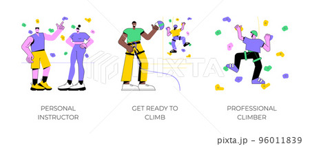Bouldering isolated cartoon vector illustrations set. Personal climbing instructor, athlete in special equipment ready for bouldering, extreme sport achievement, physical activity vector cartoon. 96011839