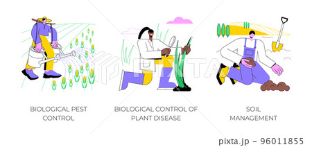 Organic farming industry isolated cartoon vector illustrations set. Biological pest control, plant disease management, soil health in modern agriculture, harvest protection vector cartoon. 96011855