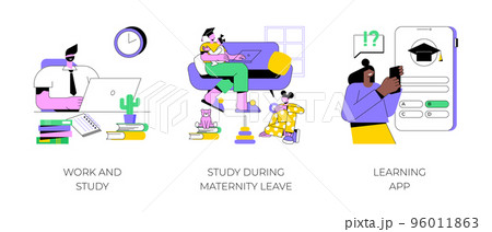 Learning opportunities isolated cartoon vector illustrations set. Work and study, distance learning during maternity leave, learning app, online degree, flexible schedule vector cartoon. 96011863