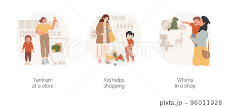 Shopping with a toddler isolated cartoon vector illustration set. Tantrum at store, child crying at grocery store, kid helps shopping, whims in shop, toddler pointing at storefront vector cartoon. 96011928