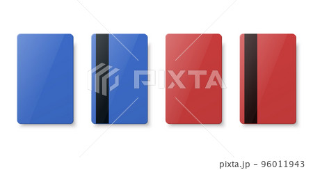 Vector Blue and Red Gift Card, Certificate, Guest Room, Plastic Hotel Apartment Keycard, ID Card, Sale, Credit Card Design Template for Mockup, Branding. Top View - Front, Back Side, Magnetic Strip Vector Blue and Red Gift Card, Certificate, Guest Room, Plastic Hotel Apartment Keycard, ID Card, Sale, Credit Card Design Template for Mockup, Branding. Top View - Front, Back Side, Magnetic Strip 96011943