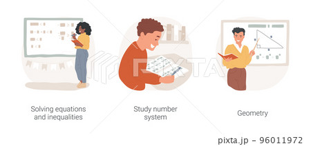 Mathematics in middle school isolated cartoon vector illustration set. Math middle school curriculum, solving equations and inequalities, study number system, geometry lesson vector cartoon. 96011972