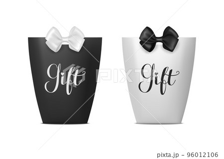Vector 3d Realistic Black and White Paper Gift Bag, Box for Birthday or Party with White and Black Bow, Ribbon. Carry Bag for Present Icon Set Isolated on White Background 96012106