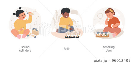 Auditory sense in Montessori preschool isolated cartoon vector illustration set. Sound cylinders, bells and smelling jars, sensorial area in montessori classroom, develop sense vector cartoon. 96012405