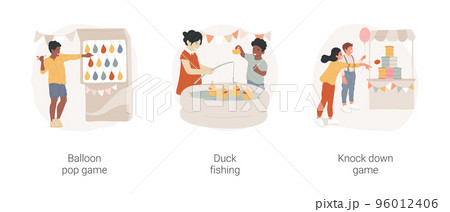 School fair games isolated cartoon vector illustration set. Balloon pop game, duck fishing, knock down jars, win a prize in carnival game of luck, fun activity, school fete vector cartoon. School fair games isolated cartoon vector illustration set. Balloon pop game, duck fishing, knock down jars, win a prize in carnival game of luck, fun activity, school fete vector cartoon. 96012406