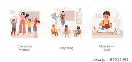 Private Waldorf school isolated cartoon vector illustration set. Classroom warmup, storytelling lecture, main lesson book, holistic curriculum, natural design, art materials vector cartoon. 96012491