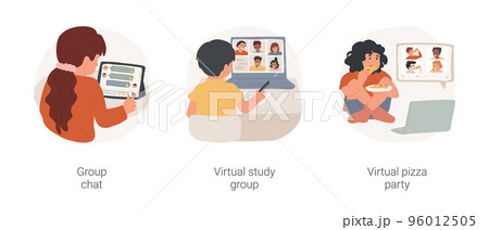 Socialization in online public school isolated cartoon vector illustration set. Group chat, virtual study group, online pizza party, class discussion, video chat, virtual meet up vector cartoon. 96012505