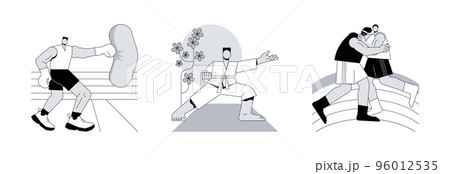 Combat sport abstract concept vector illustration set. Boxing ring, martial arts, wrestling, professional fight club, karate class, self-defense training, greco-roman athlete abstract metaphor. 96012535