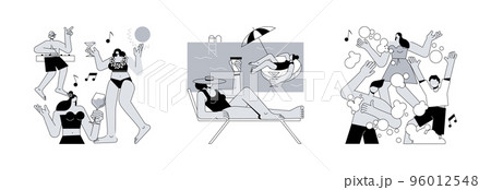 Summer event abstract concept vector illustration set. Beach party, swimming pool dance, foam party entertainment, swimming suits, bikini, dance floor, flamingo inflatable circle abstract metaphor. 96012548