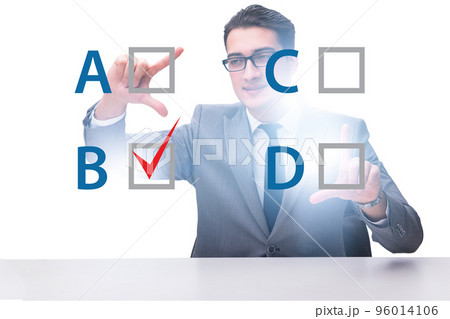 Multiple choice test question concept with business people Multiple choice test question concept with business people 96014106