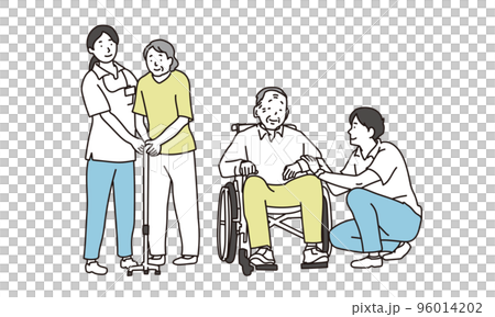 Elderly people with wheelchairs and canes and caregivers 96014202