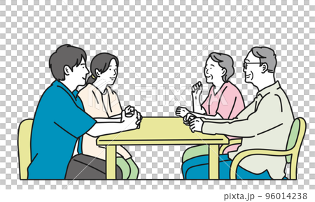 A young couple and an old couple talking with a smile A young couple and an old couple talking with a smile 96014238