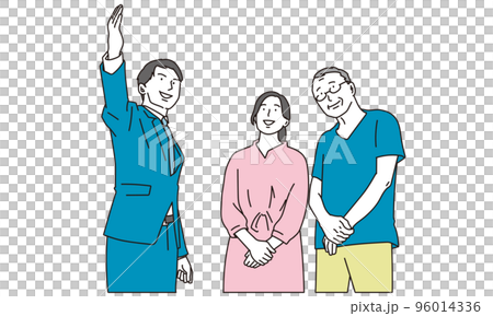 施設の案内を受ける親子	 96014336