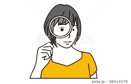 虫眼鏡を覗き込む女性	 96014379