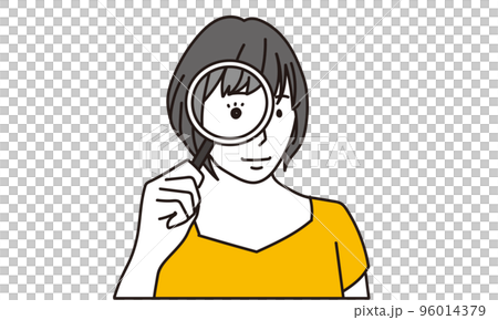 虫眼鏡を覗き込む女性	 96014379