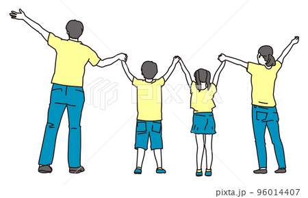 両手を上げる家族の後ろ姿 両手を上げる家族の後ろ姿 96014407