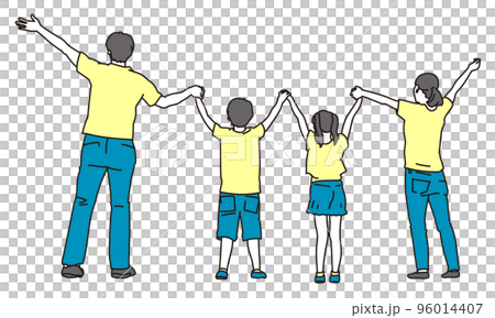 両手を上げる家族の後ろ姿 両手を上げる家族の後ろ姿 96014407