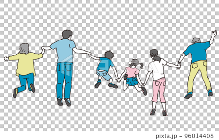 ジャンプをする三世代家族の後ろ姿	 96014408