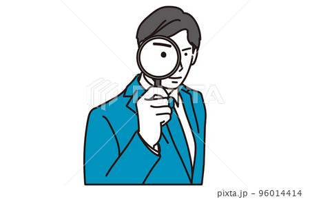 虫眼鏡を覗き込むビジネスマン	 虫眼鏡を覗き込むビジネスマン	 96014414